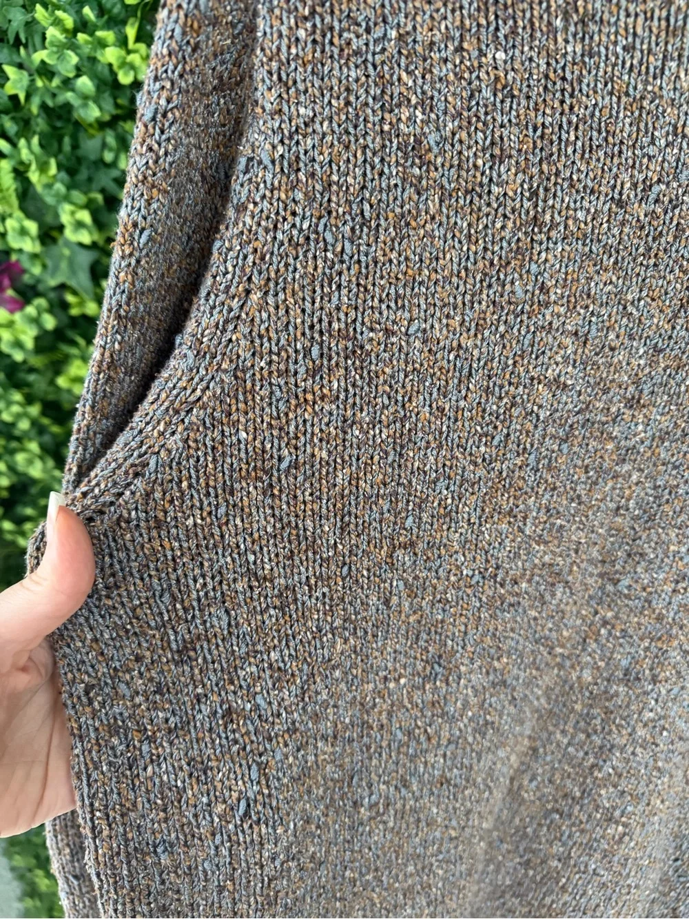 Eileen Fisher 100% Silk Marled V-Neck Sweater XL Brown Gray Textured Knit
